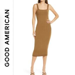 NWOT GOOD AMERICAN Scoop Neck Jersey Midi Dress Sepia Golden Brown Sz 3 / Large